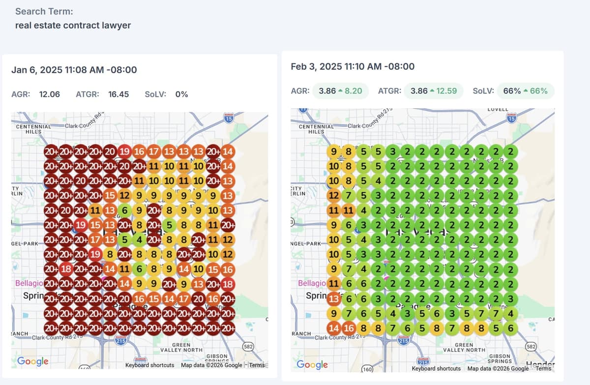 LocalFalcon geo-grid before and after for Real Estate Contract Lawyer: search visibility climbing from red to green