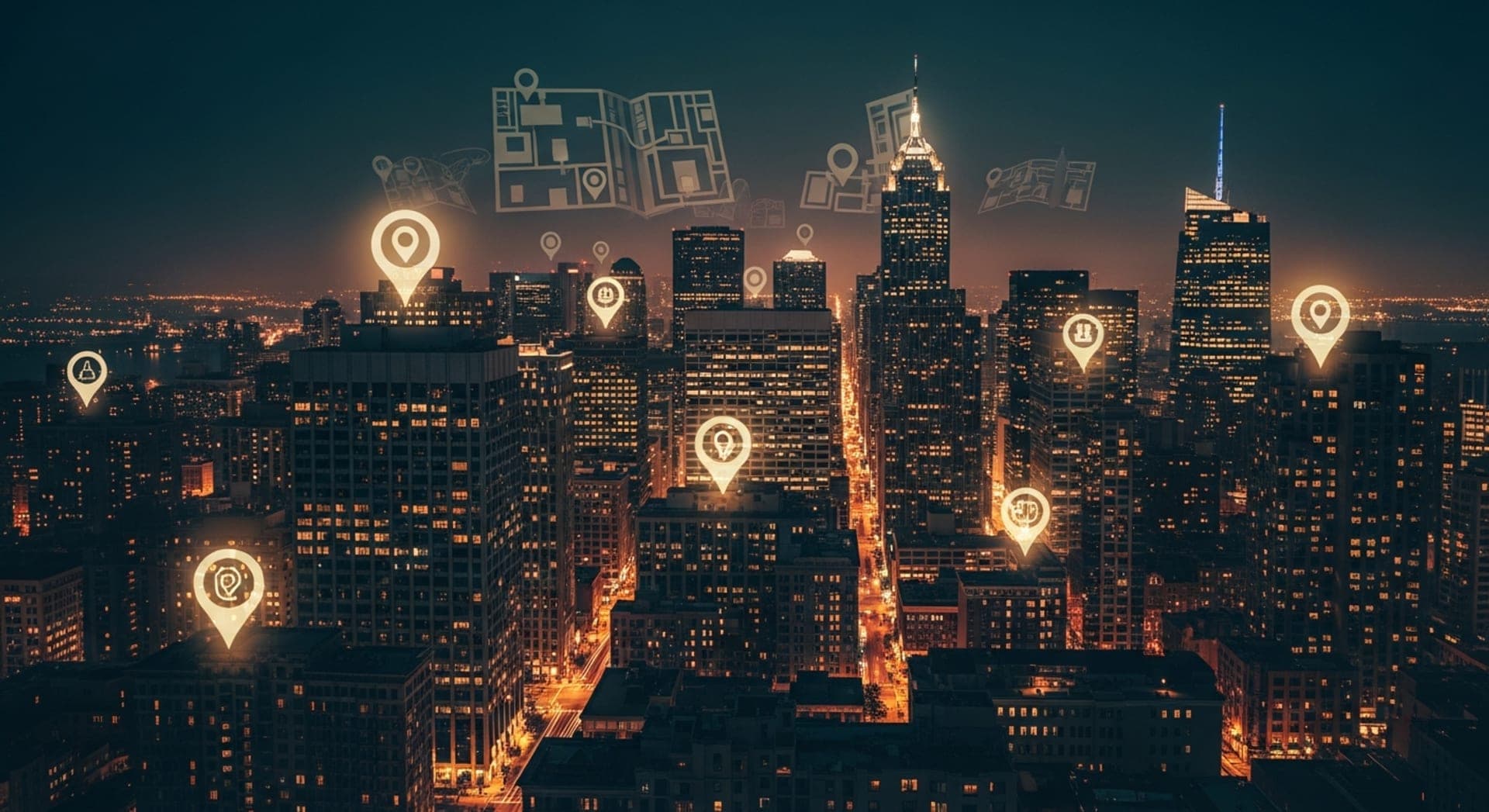 City skyline at night with glowing map pins