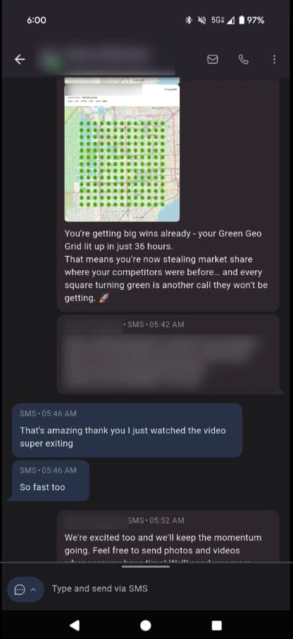 Client text message reacting to fast geo-grid ranking results